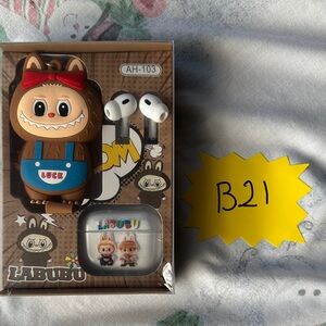 B21,NWOT AH-103 Labubu Brown and Blue Keychain plus Earbuds and Earbuds Case